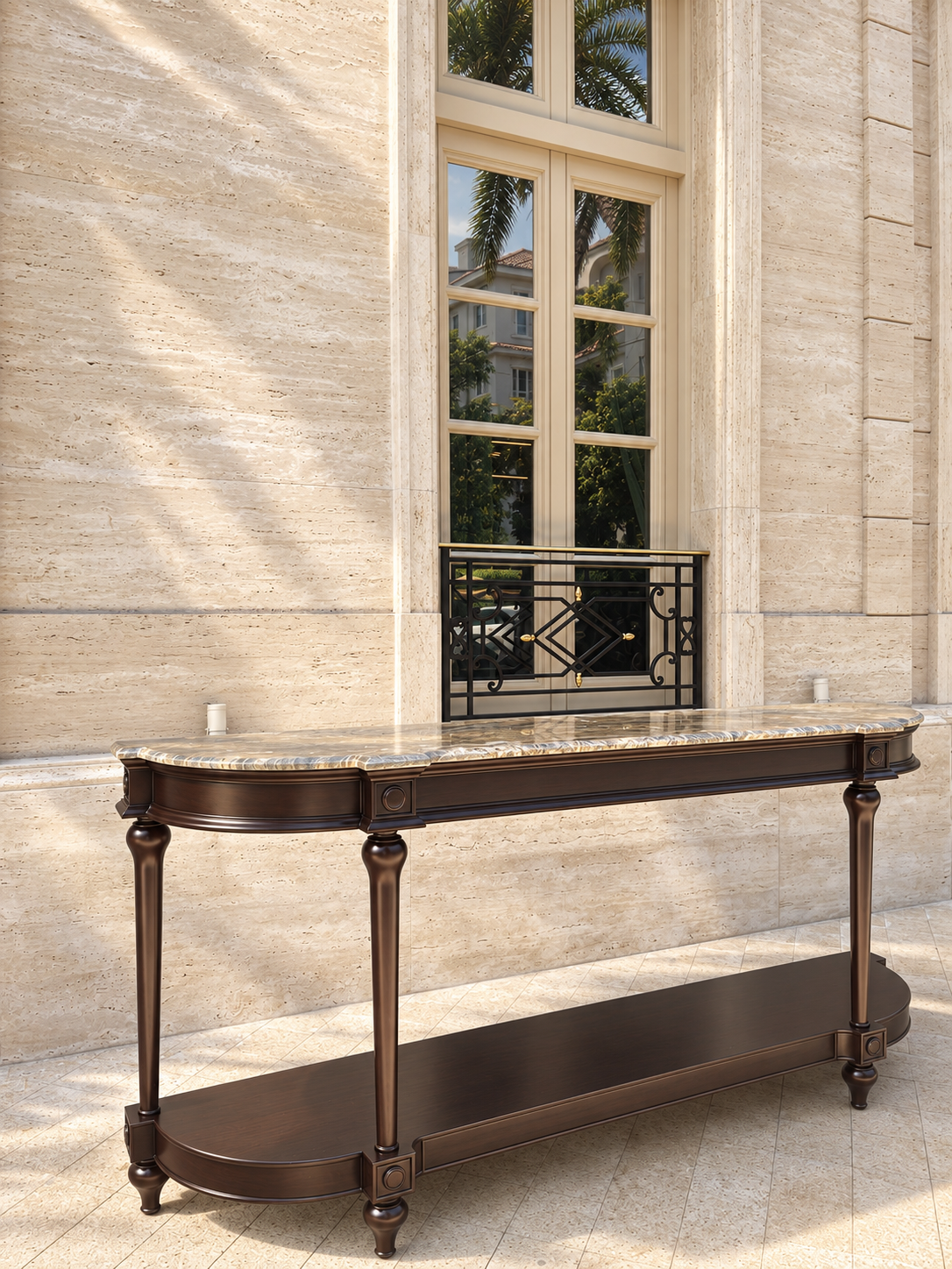 Bàn console gỗ sẫm với mặt đá tự nhiên